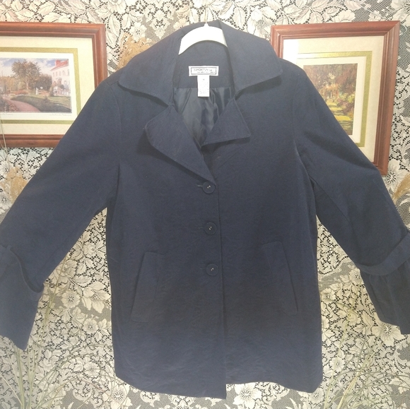 George Simonton Jackets & Blazers - George Simonton navy blue trench coat paisley embossed ruffle cuffs shoulder pad